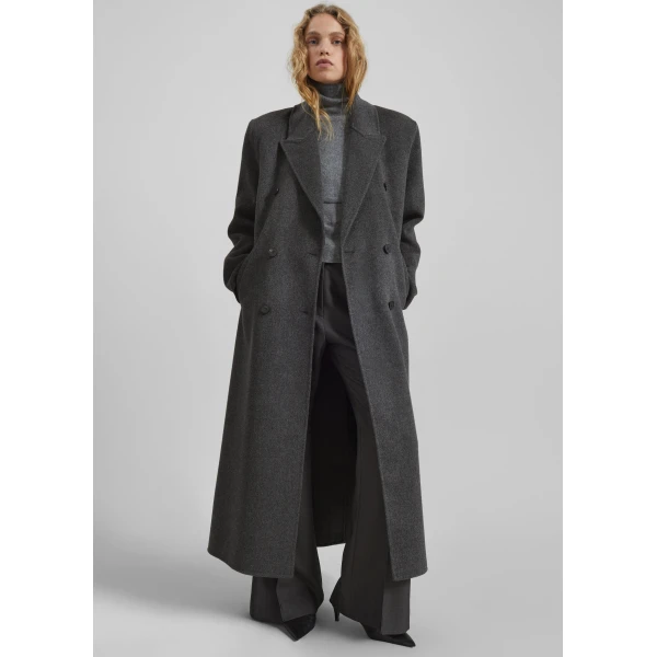 The Frankie Shop Gaia Double Breasted Coat - Dark Grey Melange - Oversized Minimalist Coats in Grey - Shop at Luxury Shoes 