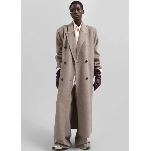 The Frankie Shop Gaia Double Breasted Coat - Taupe Melange - Oversized Minimalist Coats in Beige - Shop at Luxury Shoes 