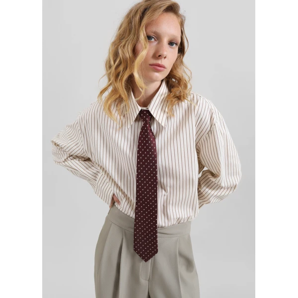 The Frankie Shop Gainsford Neck Tie Shirt - Beige/Brown Stripe - Oversized Minimalist Tops in Multicolour - Shop at Luxury Shoes 