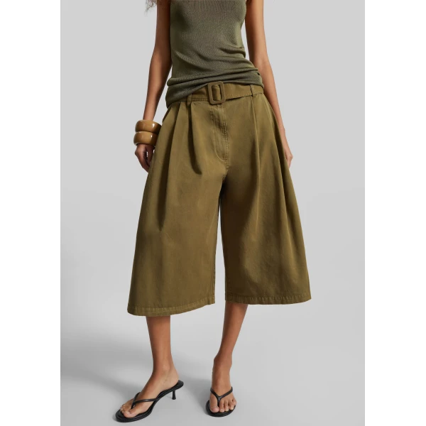 The Frankie Shop Garment Dye Pleated Culotte - Avocado - Oversized Minimalist Shorts in Green - Shop at Luxury Shoes 