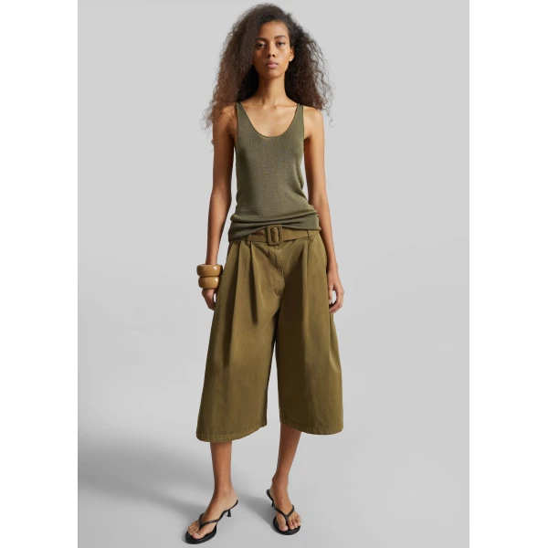 The Frankie Shop Garment Dye Pleated Culotte - Avocado - Oversized Minimalist Shorts in Green - Shop at Luxury Shoes 