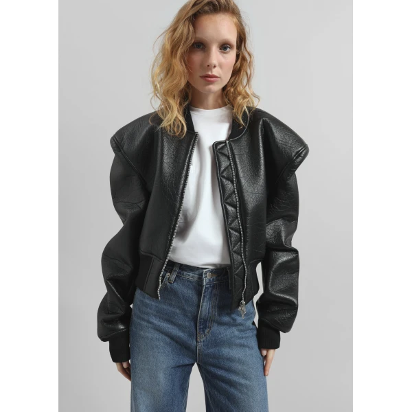 The Frankie Shop Glane Faux Leather Bomber Jacket - Black - Oversized Minimalist Jackets in Black - Shop at Luxury Shoes 