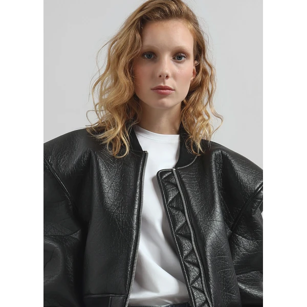The Frankie Shop Glane Faux Leather Bomber Jacket - Black - Oversized Minimalist Jackets in Black - Shop at Luxury Shoes 