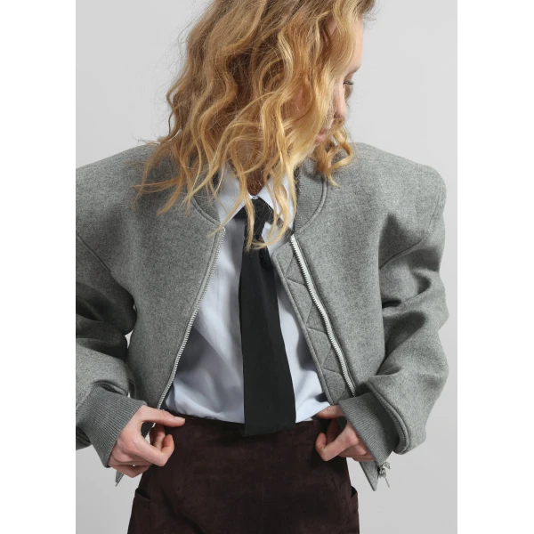 The Frankie Shop Glane Padded Wool Bomber Jacket - Grey Melange - Oversized Minimalist Jackets in Grey - Shop at Luxury Shoes 