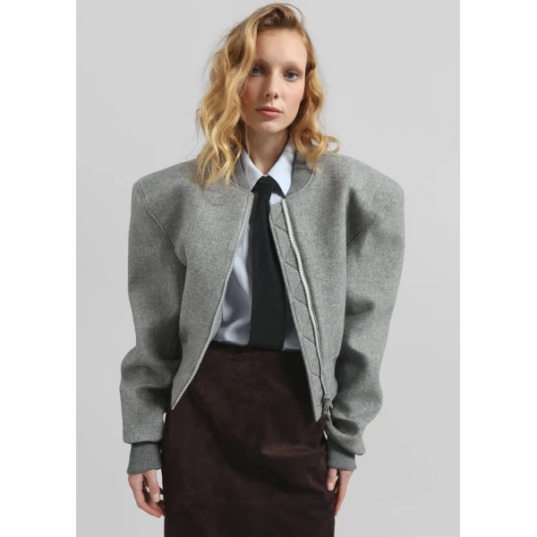 The Frankie Shop Glane Padded Wool Bomber Jacket - Grey Melange - Oversized Minimalist Jackets in Grey - Shop at Luxury Shoes 