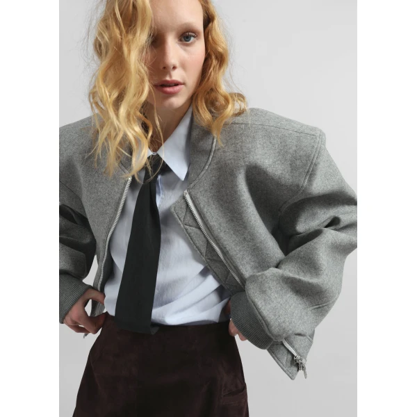 The Frankie Shop Glane Padded Wool Bomber Jacket - Grey Melange - Oversized Minimalist Jackets in Grey - Shop at Luxury Shoes 