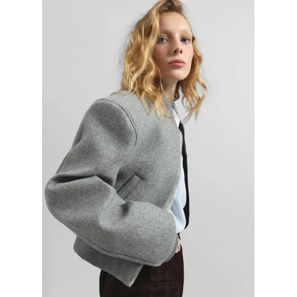 The Frankie Shop Glane Padded Wool Bomber Jacket - Grey Melange - Oversized Minimalist Jackets in Grey - Shop at Luxury Shoes 