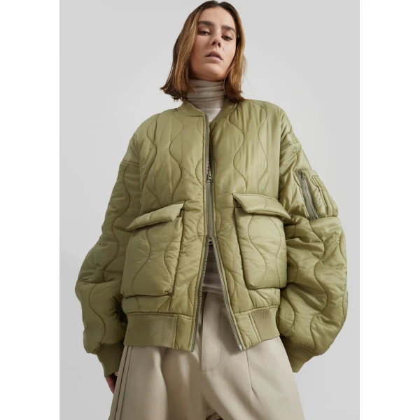 The Frankie Shop Halsey Quilted Bomber Jacket - Moss Green - Oversized Minimalist Jackets in Green - Shop at Luxury Shoes 