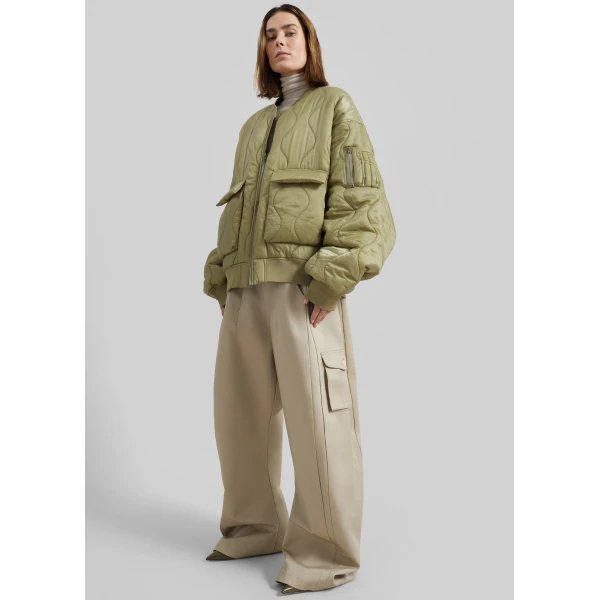 The Frankie Shop Halsey Quilted Bomber Jacket - Moss Green - Oversized Minimalist Jackets in Green - Shop at Luxury Shoes 