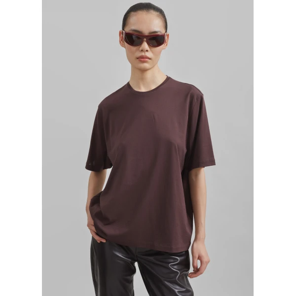 The Frankie Shop Harper Soft Organic T-Shirt - Dark Plum - Oversized Minimalist Tops in Purple - Shop at Luxury Shoes 