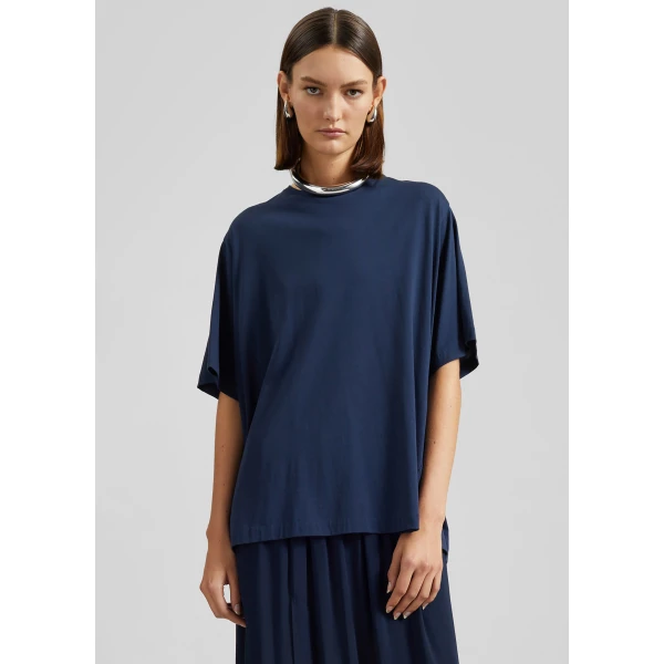 The Frankie Shop Harper Soft Organic T-Shirt - Navy - Oversized Minimalist Tops in Blue - Shop at Luxury Shoes 