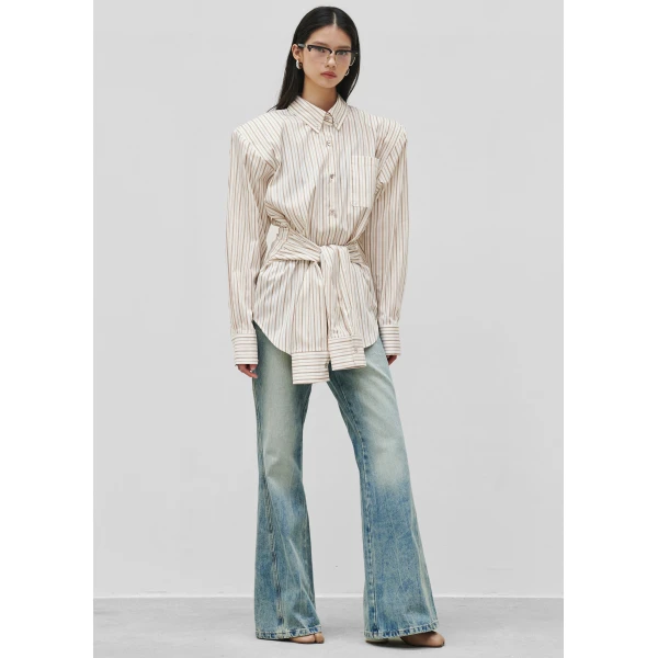 The Frankie Shop Heaton Double-Sleeve Padded Shirt - White/Brown Stripe - Oversized Minimalist Tops in Multicolour - Shop at Luxury Shoes 