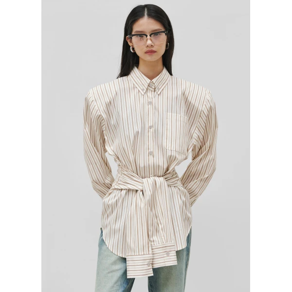 The Frankie Shop Heaton Double-Sleeve Padded Shirt - White/Brown Stripe - Oversized Minimalist Tops in Multicolour - Shop at Luxury Shoes 