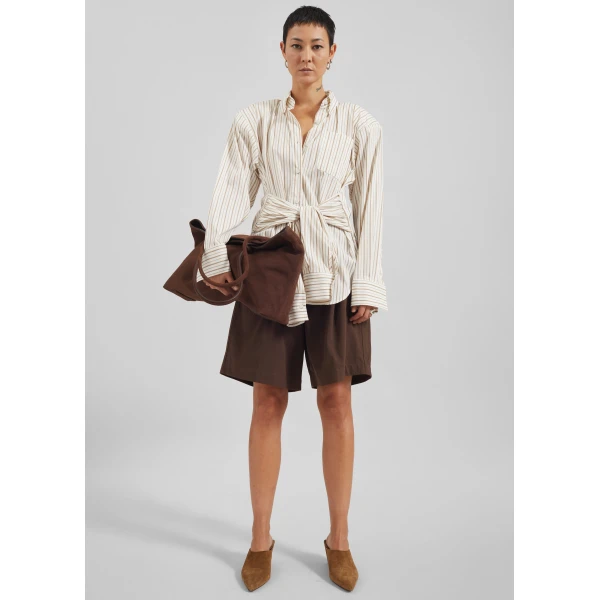 The Frankie Shop Heaton Double-Sleeve Padded Shirt - White/Brown Stripe - Oversized Minimalist Tops in Multicolour - Shop at Luxury Shoes 