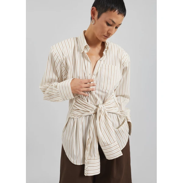 The Frankie Shop Heaton Double-Sleeve Padded Shirt - White/Brown Stripe - Oversized Minimalist Tops in Multicolour - Shop at Luxury Shoes 