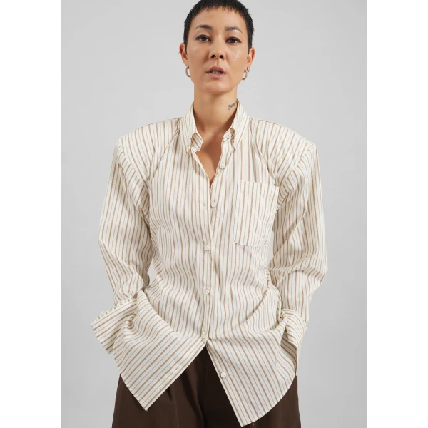 The Frankie Shop Heaton Double-Sleeve Padded Shirt - White/Brown Stripe - Oversized Minimalist Tops in Multicolour - Shop at Luxury Shoes 