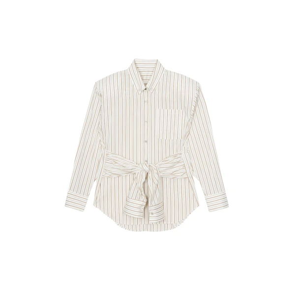 The Frankie Shop Heaton Double-Sleeve Padded Shirt - White/Brown Stripe - Oversized Minimalist Tops in Multicolour - Shop at Luxury Shoes 