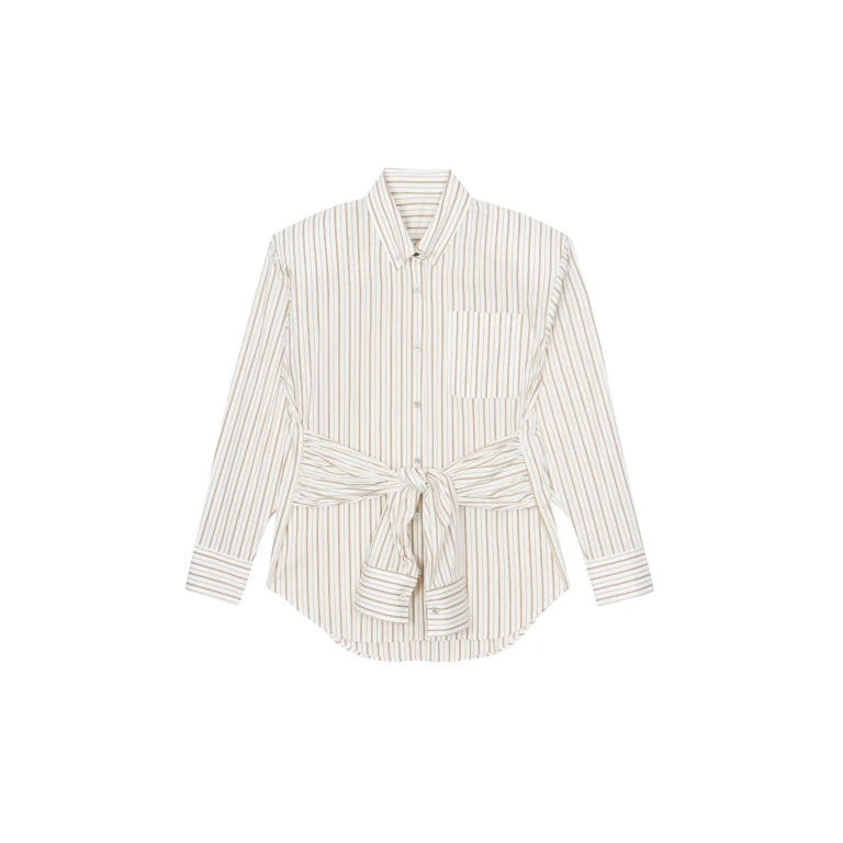 The Frankie Shop Heaton Double-Sleeve Padded Shirt - White/Brown Stripe - Oversized Minimalist Tops in Multicolour - Shop at Luxury Shoes 