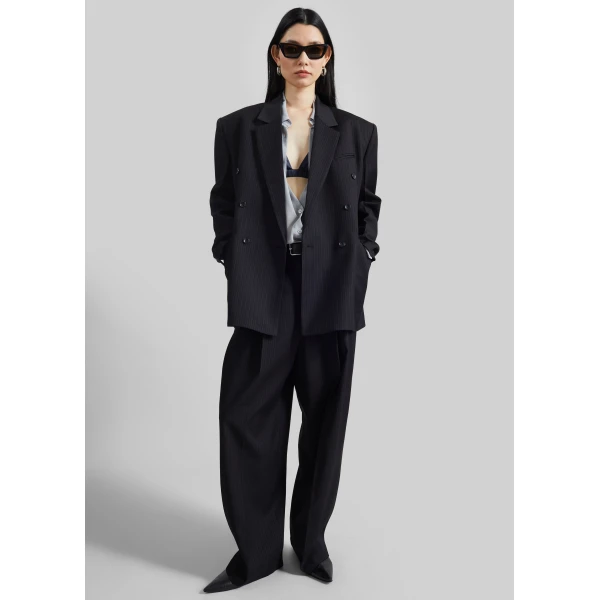 The Frankie Shop Helmond Double-Breasted Blazer - Black Multi Stripe - Oversized Minimalist Jackets in Multicolour - Shop at Luxury Shoes 