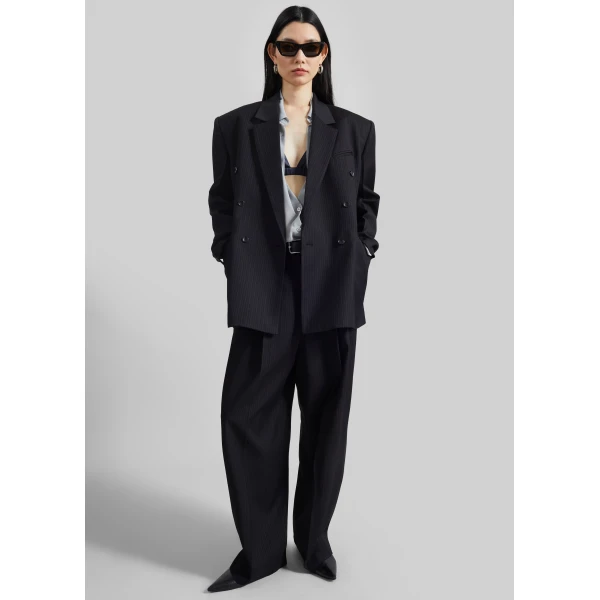The Frankie Shop Helmond Pleated Trousers - Black Multi Stripe - Oversized Minimalist Pants in Multicolour - Shop at Luxury Shoes 