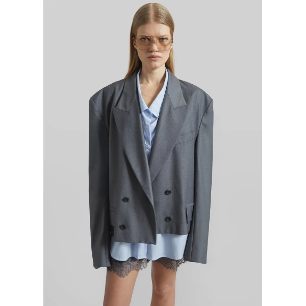 The Frankie Shop Helna Boxy Cropped Blazer - Grey - Oversized Minimalist Jackets in Grey - Shop at Luxury Shoes 