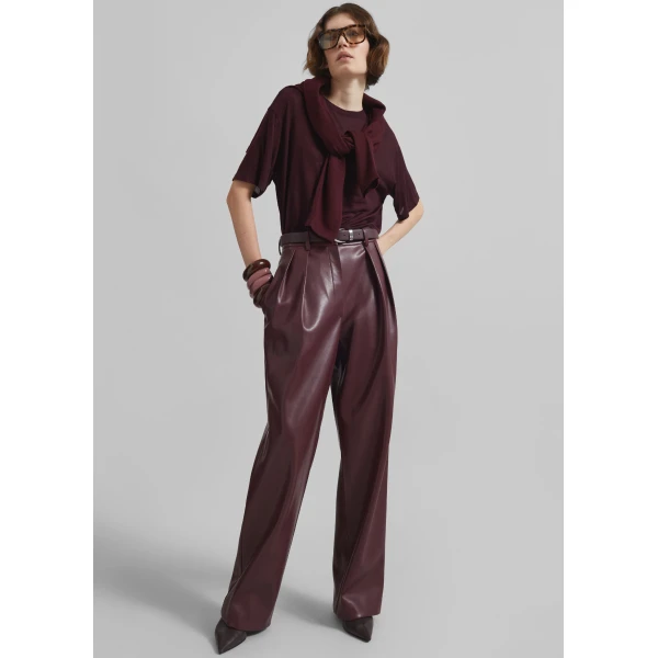 The Frankie Shop Helsinki Faux Leather Pants - Burgundy - Oversized Minimalist Pants in Red - Shop at Luxury Shoes 