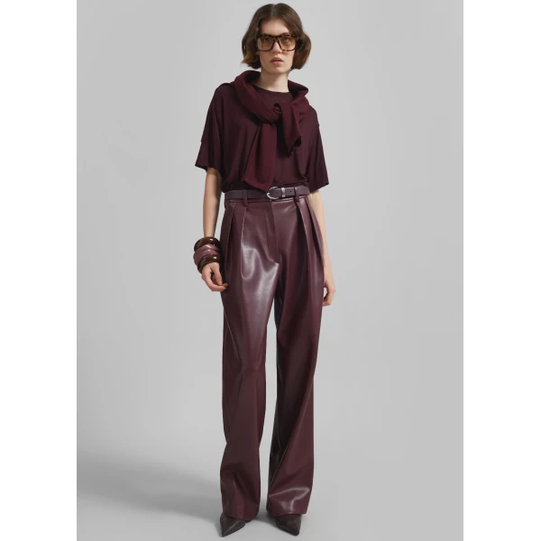 The Frankie Shop Helsinki Faux Leather Pants - Burgundy - Oversized Minimalist Pants in Red - Shop at Luxury Shoes 