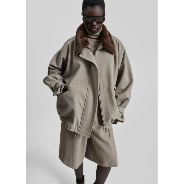 The Frankie Shop Hemavan Faux Fur Lined Jacket - Taupe - Oversized Minimalist Jackets in Beige - Shop at Luxury Shoes 