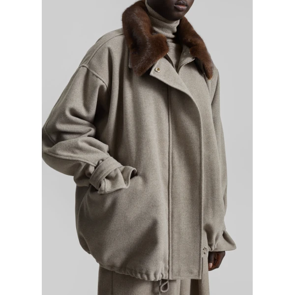 The Frankie Shop Hemavan Faux Fur Lined Jacket - Taupe - Oversized Minimalist Jackets in Beige - Shop at Luxury Shoes 