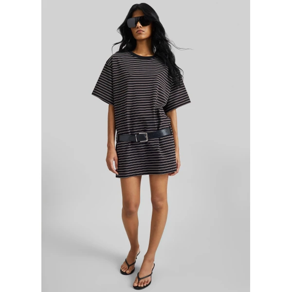 The Frankie Shop Hemse T-Shirt Dress - Black Multi Stripe - Oversized Minimalist Dresses in Multicolour - Shop at Luxury Shoes 