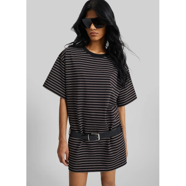 The Frankie Shop Hemse T-Shirt Dress - Black Multi Stripe - Oversized Minimalist Dresses in Multicolour - Shop at Luxury Shoes 