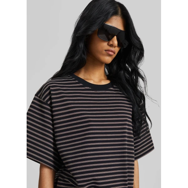 The Frankie Shop Hemse T-Shirt Dress - Black Multi Stripe - Oversized Minimalist Dresses in Multicolour - Shop at Luxury Shoes 