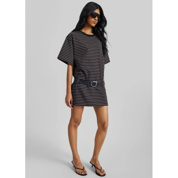 The Frankie Shop Hemse T-Shirt Dress - Black Multi Stripe - Oversized Minimalist Dresses in Multicolour - Shop at Luxury Shoes 