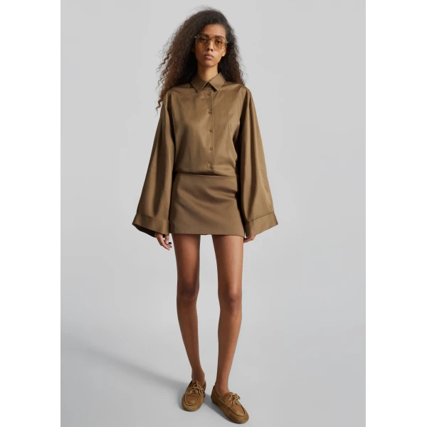 The Frankie Shop Hera Satin Mini Skirt - Brown - Oversized Minimalist Skirts in Beige - Shop at Luxury Shoes 