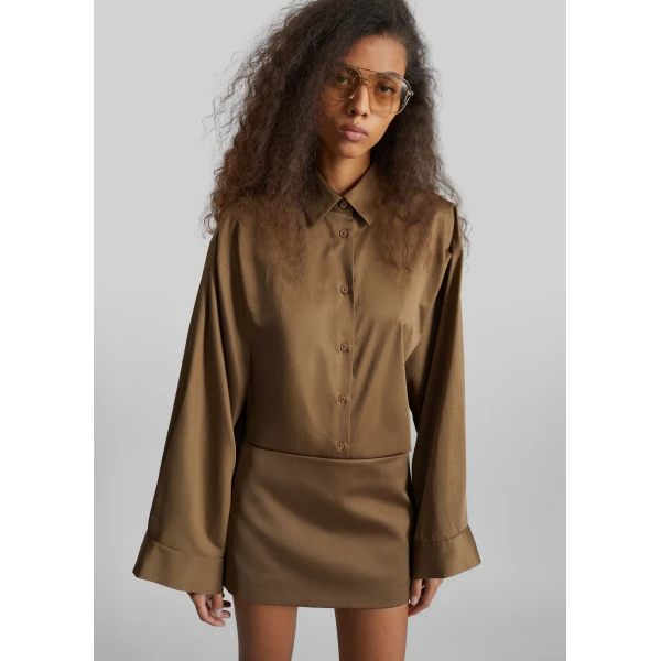 The Frankie Shop Hera Satin Mini Skirt - Brown - Oversized Minimalist Skirts in Beige - Shop at Luxury Shoes 