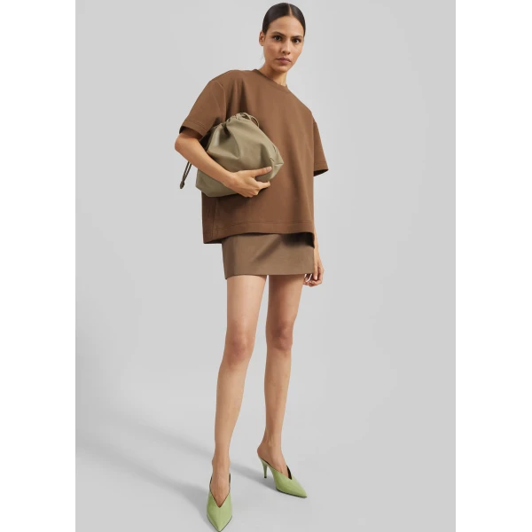 The Frankie Shop Hera Satin Mini Skirt - Brown - Oversized Minimalist Skirts in Beige - Shop at Luxury Shoes 