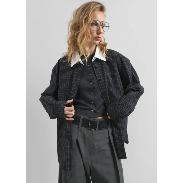 The Frankie Shop Hylan Checked Shirt - Dark Grey - Oversized Minimalist Tops in Grey - Shop at Luxury Shoes 