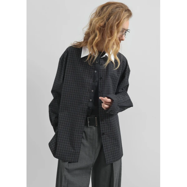 The Frankie Shop Hylan Checked Shirt - Dark Grey - Oversized Minimalist Tops in Grey - Shop at Luxury Shoes 
