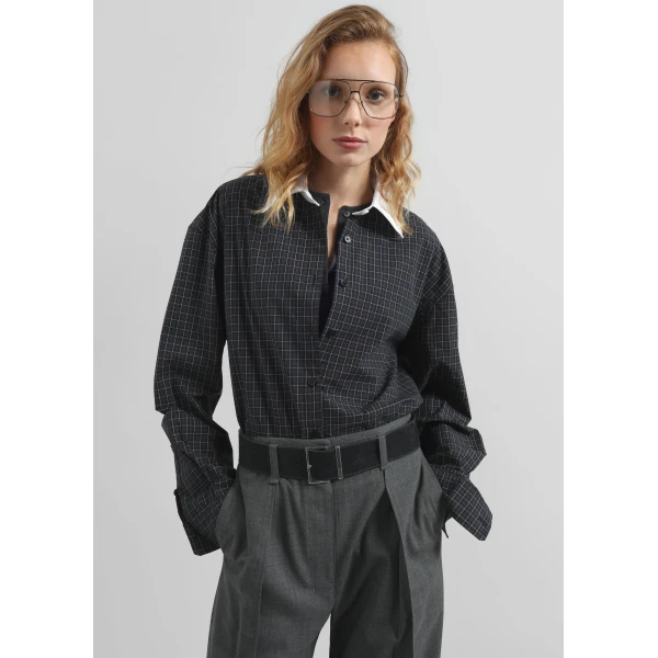 The Frankie Shop Hylan Checked Shirt - Dark Grey - Oversized Minimalist Tops in Grey - Shop at Luxury Shoes 