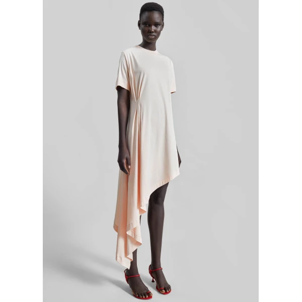 The Frankie Shop Igari Asymmetric T-Shirt Dress - Cream Rose - Oversized Minimalist Dresses in Ivory - Shop at Luxury Shoes 