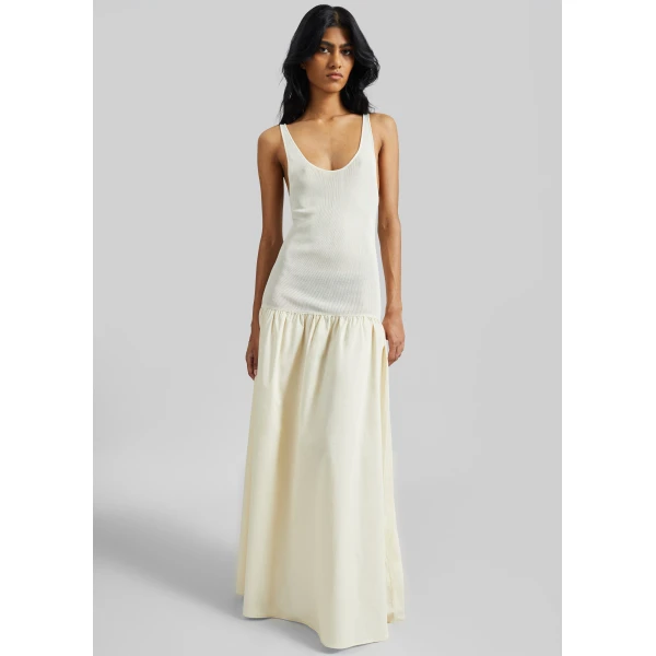 The Frankie Shop Iliya Drop Waist Maxi Dress - Cream - Oversized Minimalist Dresses in Ivory - Shop at Luxury Shoes 