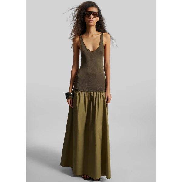 The Frankie Shop Iliya Drop Waist Maxi Dress - Olive - Oversized Minimalist Dresses in Green - Shop at Luxury Shoes 
