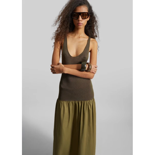 The Frankie Shop Iliya Drop Waist Maxi Dress - Olive - Oversized Minimalist Dresses in Green - Shop at Luxury Shoes 