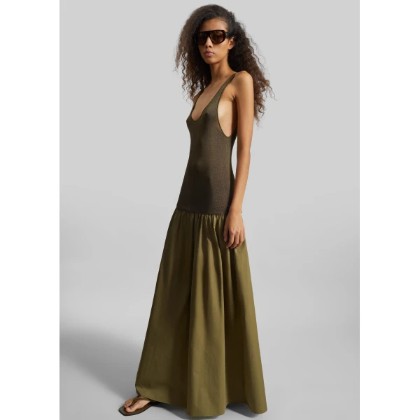 The Frankie Shop Iliya Drop Waist Maxi Dress - Olive - Oversized Minimalist Dresses in Green - Shop at Luxury Shoes 