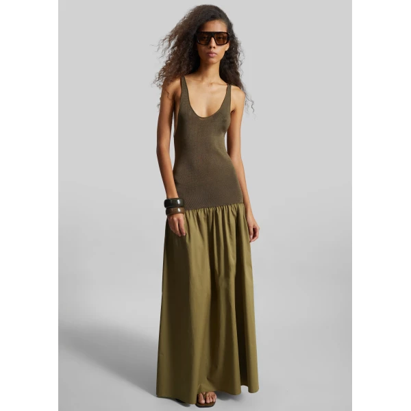 The Frankie Shop Iliya Drop Waist Maxi Dress - Olive - Oversized Minimalist Dresses in Green - Shop at Luxury Shoes 