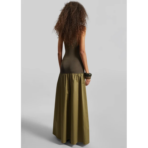 The Frankie Shop Iliya Drop Waist Maxi Dress - Olive - Oversized Minimalist Dresses in Green - Shop at Luxury Shoes 