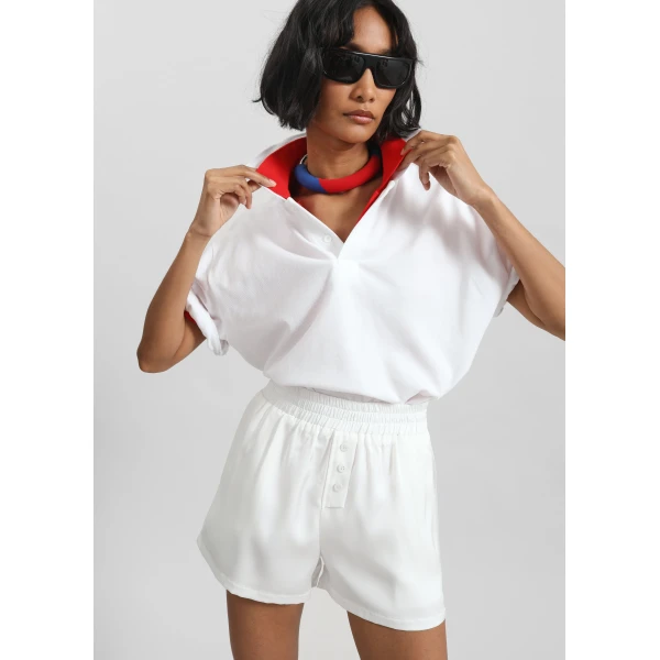 The Frankie Shop Ilsen Satin Boxer Shorts - White - Oversized Minimalist Shorts in White - Shop at Luxury Shoes 