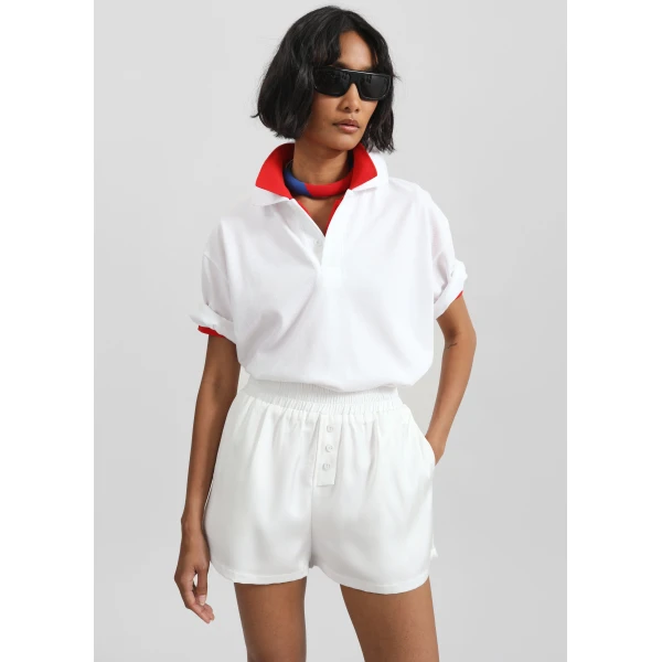 The Frankie Shop Ilsen Satin Boxer Shorts - White - Oversized Minimalist Shorts in White - Shop at Luxury Shoes 