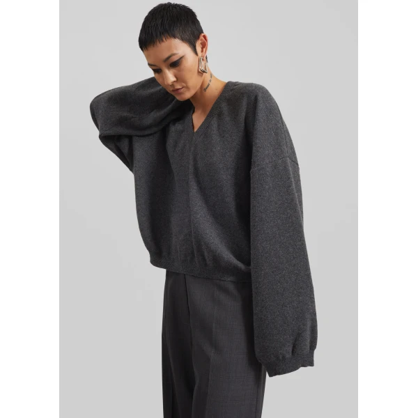The Frankie Shop Ilston V-Neck Sweater - Grey - Oversized Minimalist Knitwear in Grey - Shop at Luxury Shoes 