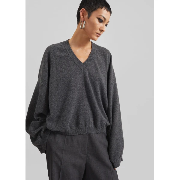 The Frankie Shop Ilston V-Neck Sweater - Grey - Oversized Minimalist Knitwear in Grey - Shop at Luxury Shoes 